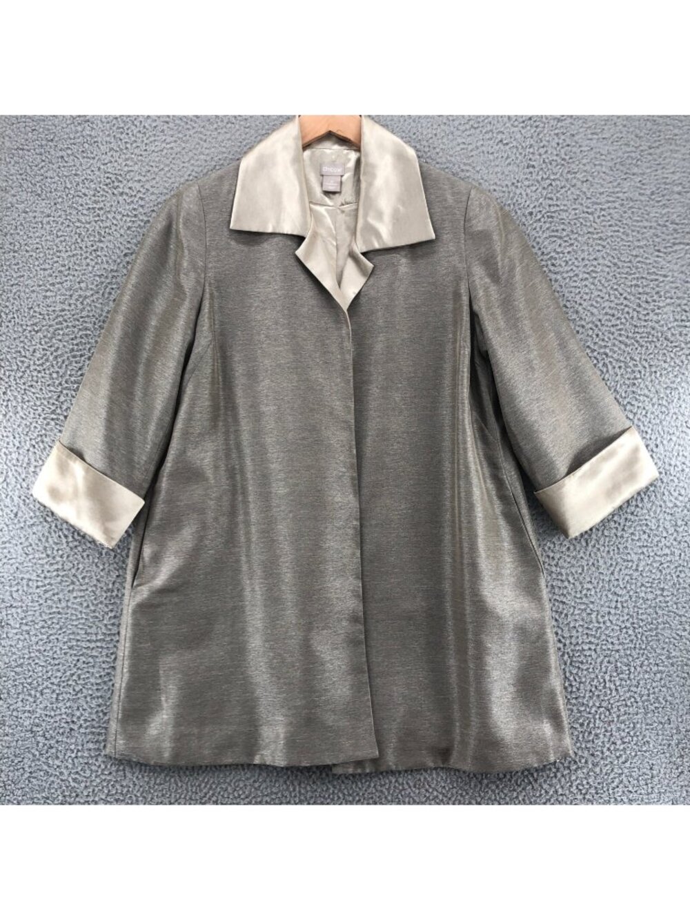 Chicos Jacket Womens 0 US Small Champagne Shimmer Shantung 3/4 Sleeves Blazer